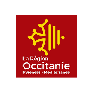 Logo Occitanie: fond rouge, une moitié de croix occitane en jaune terminée sur la droite par des barres verticales jaunes