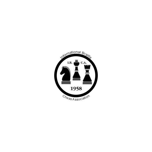 Logo rond IBCA (Cavalier, Roi et Dame noirs sur fond blanc. IBCA au dessus et 1958 en dessous)