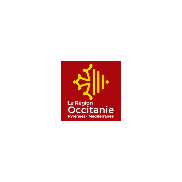 Logo Occitanie: fond rouge, une moitié de croix occitane en jaune terminée sur la droite par des barres verticales jaunes