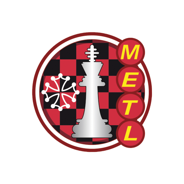 Round METL Logo (White King on red/black chessboard. White Occitane Cross on the left and vertical METL letters on the right)