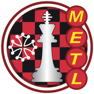 Round METL Logo (White King on red/black chessboard. White Occitane Cross on the left and vertical METL letters on the right)